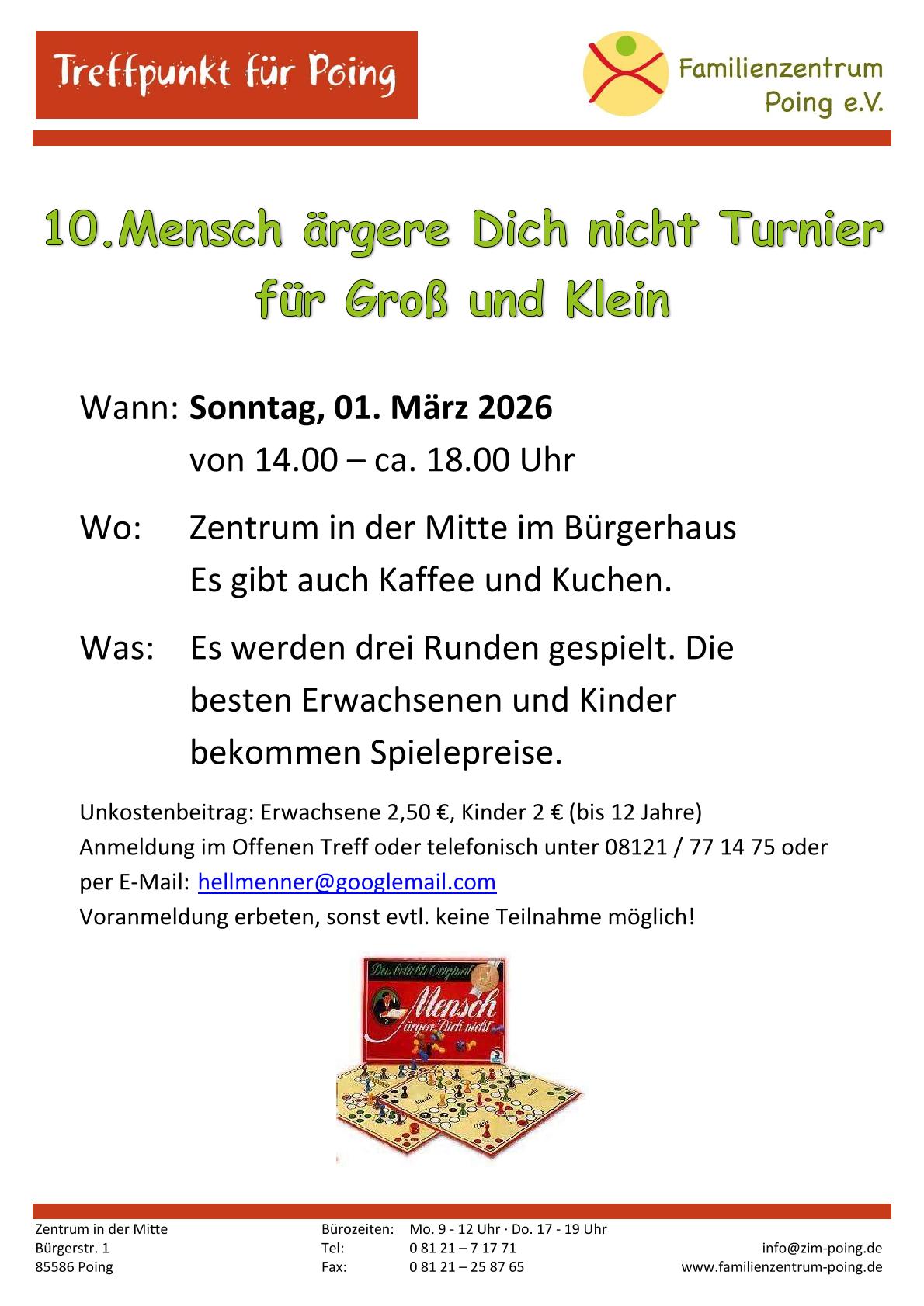 Mensch-&auml;rgere-dich-nicht-Turnier am 01.03.2026 im Zentrum in der Mitte ZiM Poing