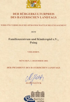 Urkunde Bürgerkulturpreis Familienzentrum Poing - ZiM Poing